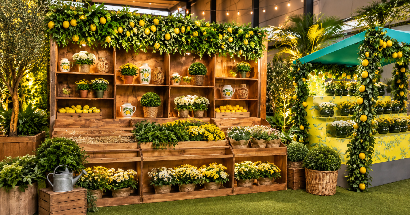 Cenografia temática com estrutura em madeira, flores e ambientação para evento