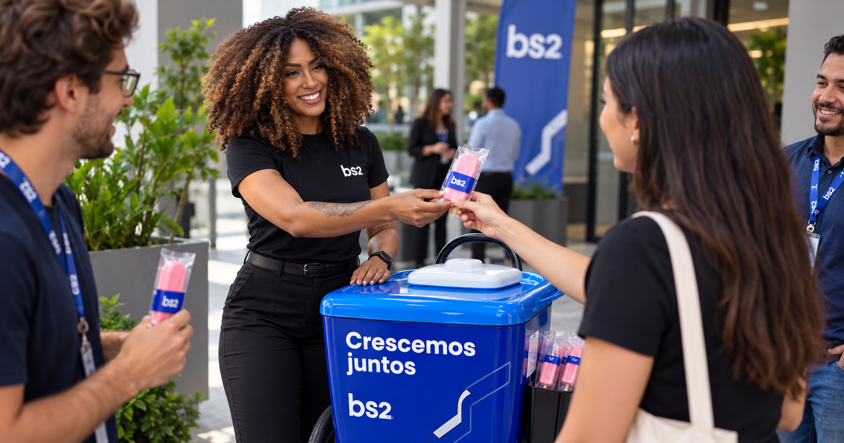 Ativação promocional em evento corporativo com distribuição de produtos personalizados