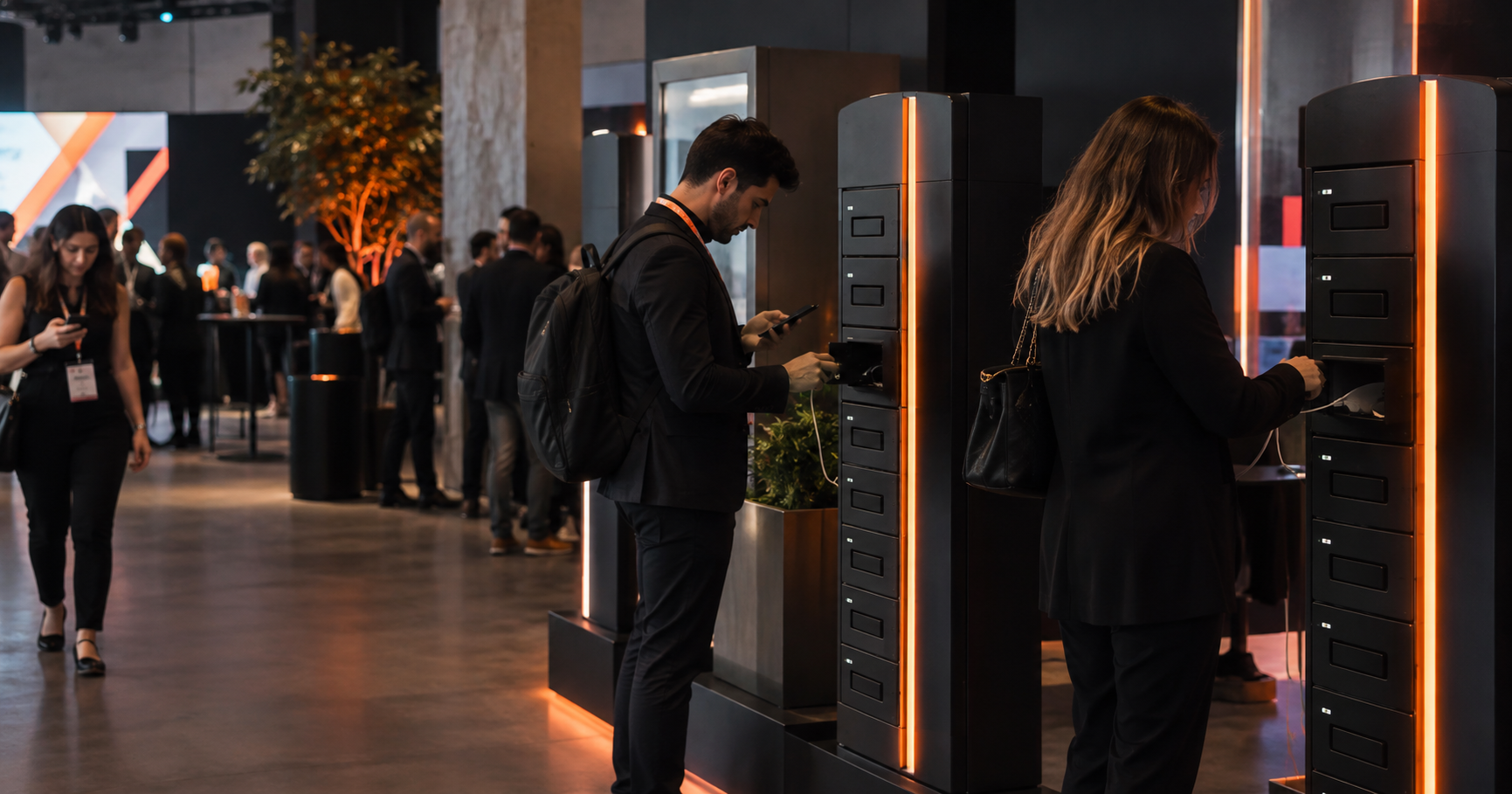 Totens carregadores de celular em evento corporativo